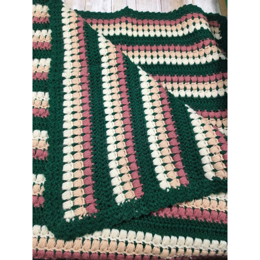 Vintage Handmade Crochet Afghan Blanket Green Pink Cream‎ Bobble Stitch Striped
